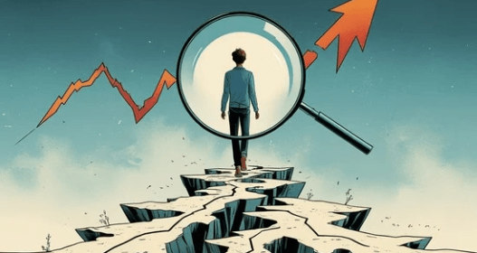 A surreal illustration of a person balancing on a treacherous, jagged stock market graph that is also a path, with a magnifying glass amplifying the instability. A calm, peaceful path is visible in the background, offering an alternative route away from the chaos.