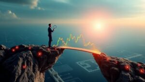 A powerful and dynamic image of a person standing on a digital trading chart that is forming a solid bridge, leading from a chaotic, volatile market to a serene and profitable horizon. The person is holding a magnifying glass to a part of the chart, symbolizing analysis, while a stop-loss order is represented by a protective shield. The image should be in a 16:9 aspect ratio.