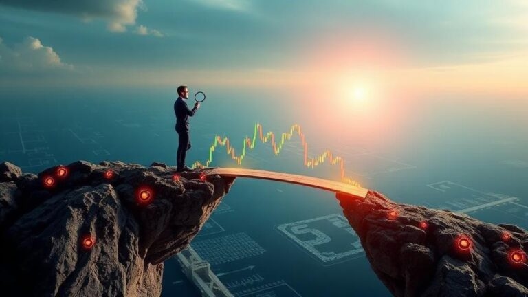A powerful and dynamic image of a person standing on a digital trading chart that is forming a solid bridge, leading from a chaotic, volatile market to a serene and profitable horizon. The person is holding a magnifying glass to a part of the chart, symbolizing analysis, while a stop-loss order is represented by a protective shield. The image should be in a 16:9 aspect ratio.